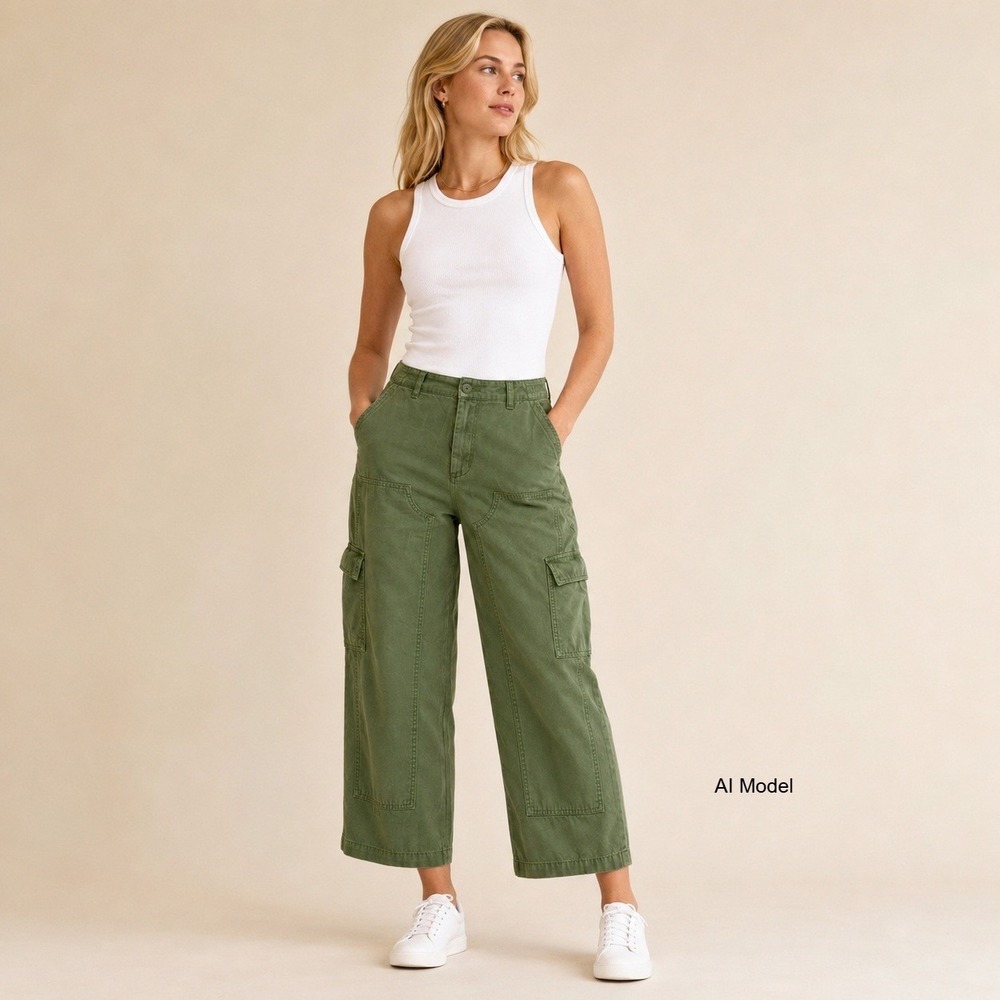 Olive Green Wide Leg Cargo Pants Size 6 Utility Button Fly High Rise Streetwear*